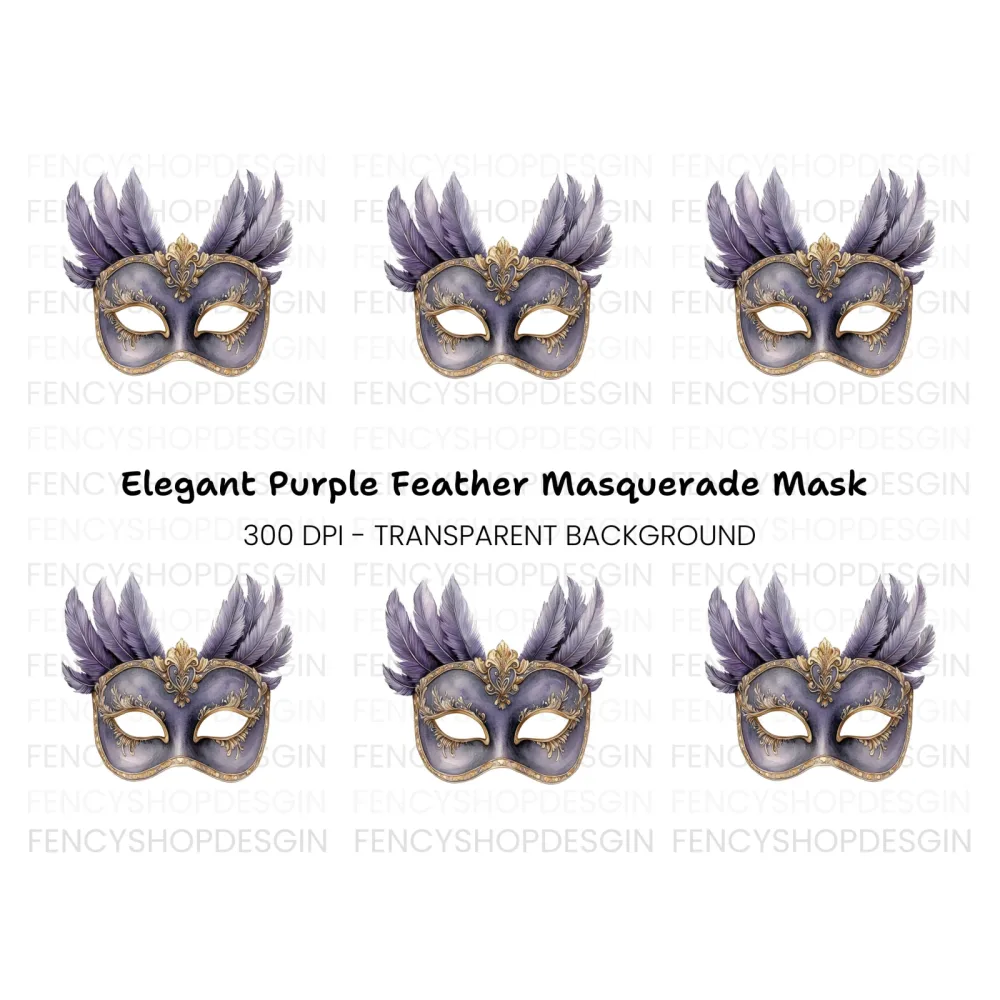 Elegant Purple Feathered Masquerade Mask Clipart Bundle