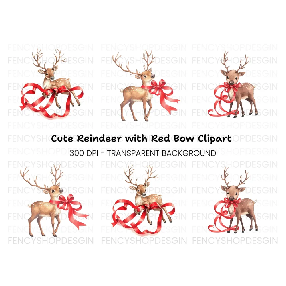 Cute Christmas Reindeer with Red Ribbons Clipart Bundle