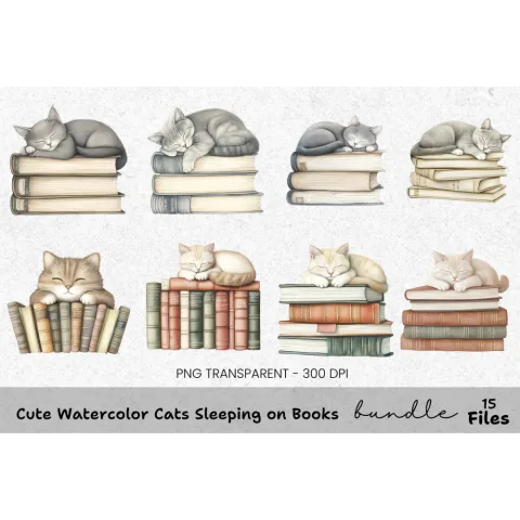 Cute Cats Sleeping on Books Clipart Bundle