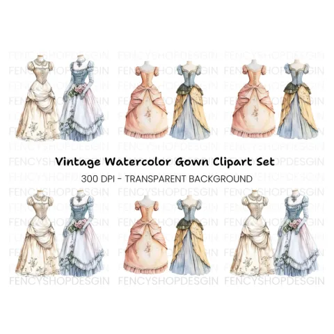 Colorful Victorian Era Dresses Clipart Bundle