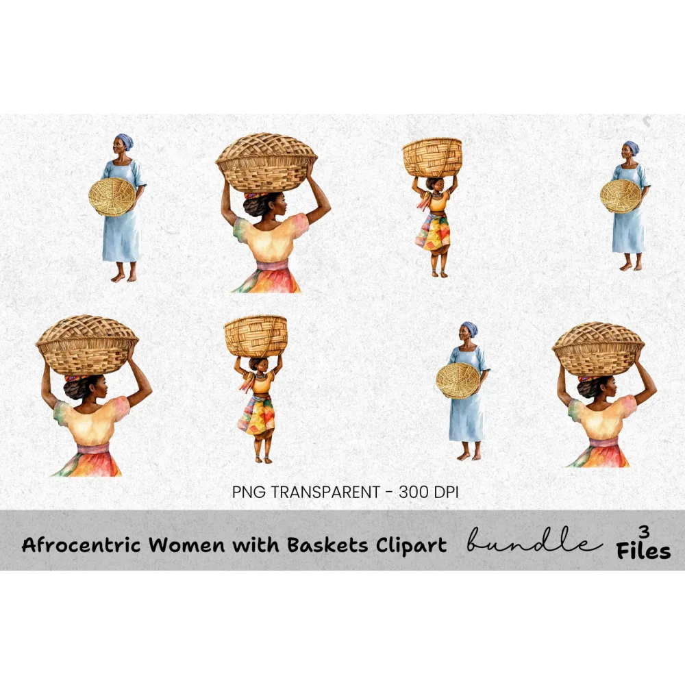 Afrocentric Women with Baskets Clipart Bundle