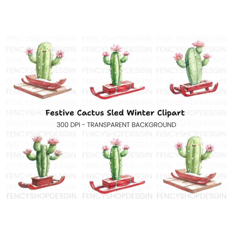Christmas Cactus Sleigh Clipart Bundle