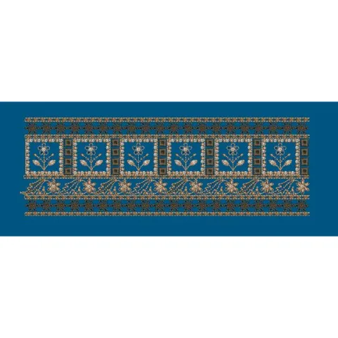 Blue and Gold Geometric Floral Border Embroidery Design