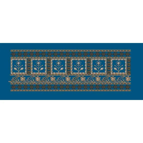Blue and Gold Geometric Floral Border Embroidery Design