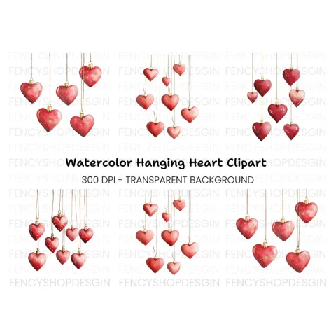 Hanging Red Heart Ornaments Clipart Bundle