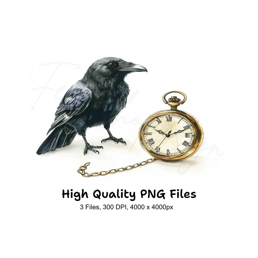 Mystical Raven and Pocket Watch Clipart Bundle