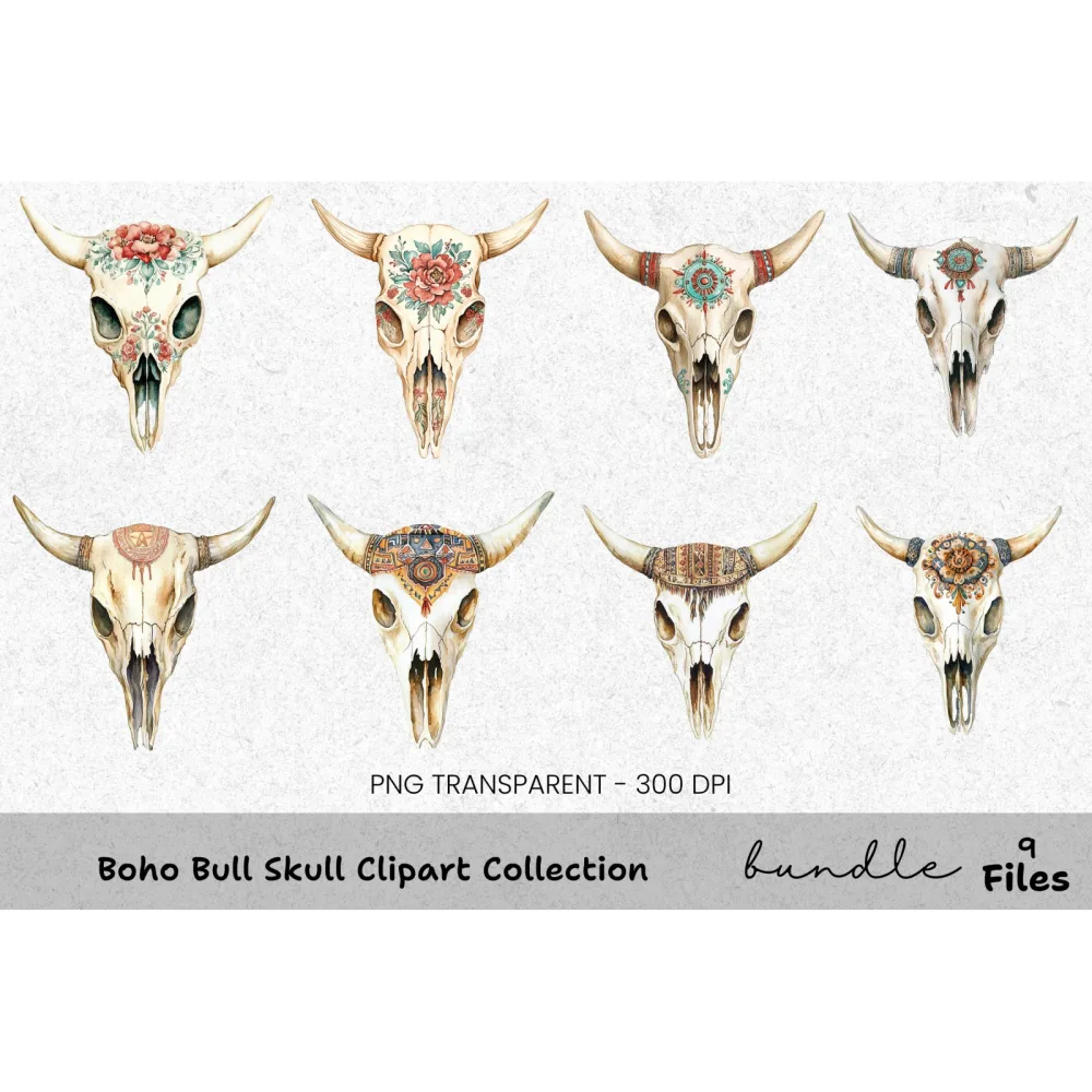 Boho Bull Skull Clipart Bundle