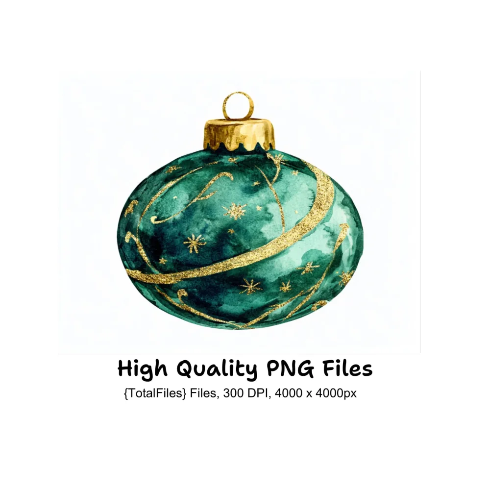Elegant Green Gold Christmas Baubles Clipart Bundle