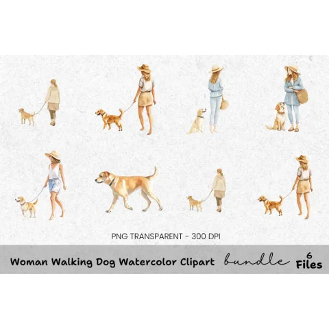 Woman Walking Dog Clipart Bundle