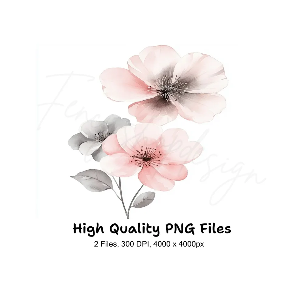 Soft Pink and Grey Flowers Clipart Bundle
