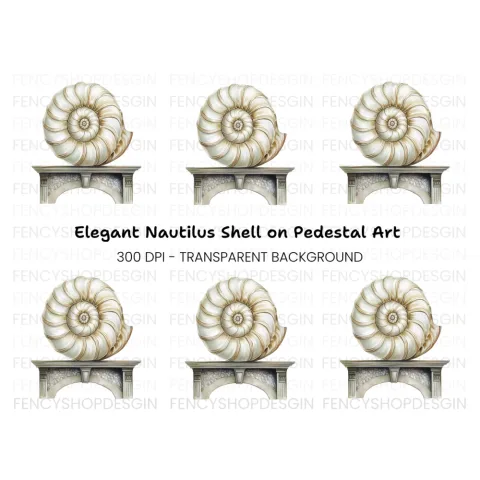 Elegant Nautilus Shell on Stone Pedestal Clipart Bundle