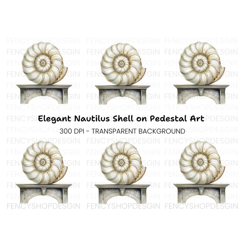 Elegant Nautilus Shell on Stone Pedestal Clipart Bundle