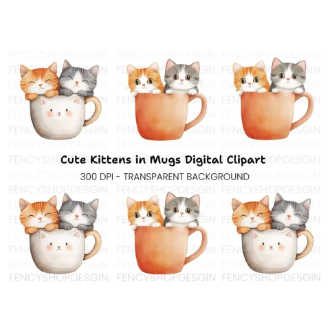 Cute Kittens in Mugs Clipart Bundle