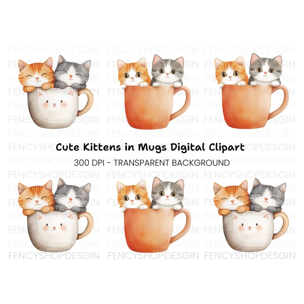 Cute Kittens in Mugs Clipart Bundle
