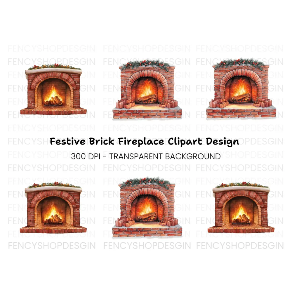 Festive Fireplace with Gifts Clipart Bundle