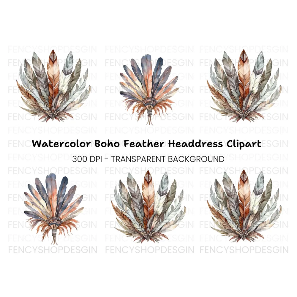 Earthy Toned Feather Headdress Clipart Bundle
