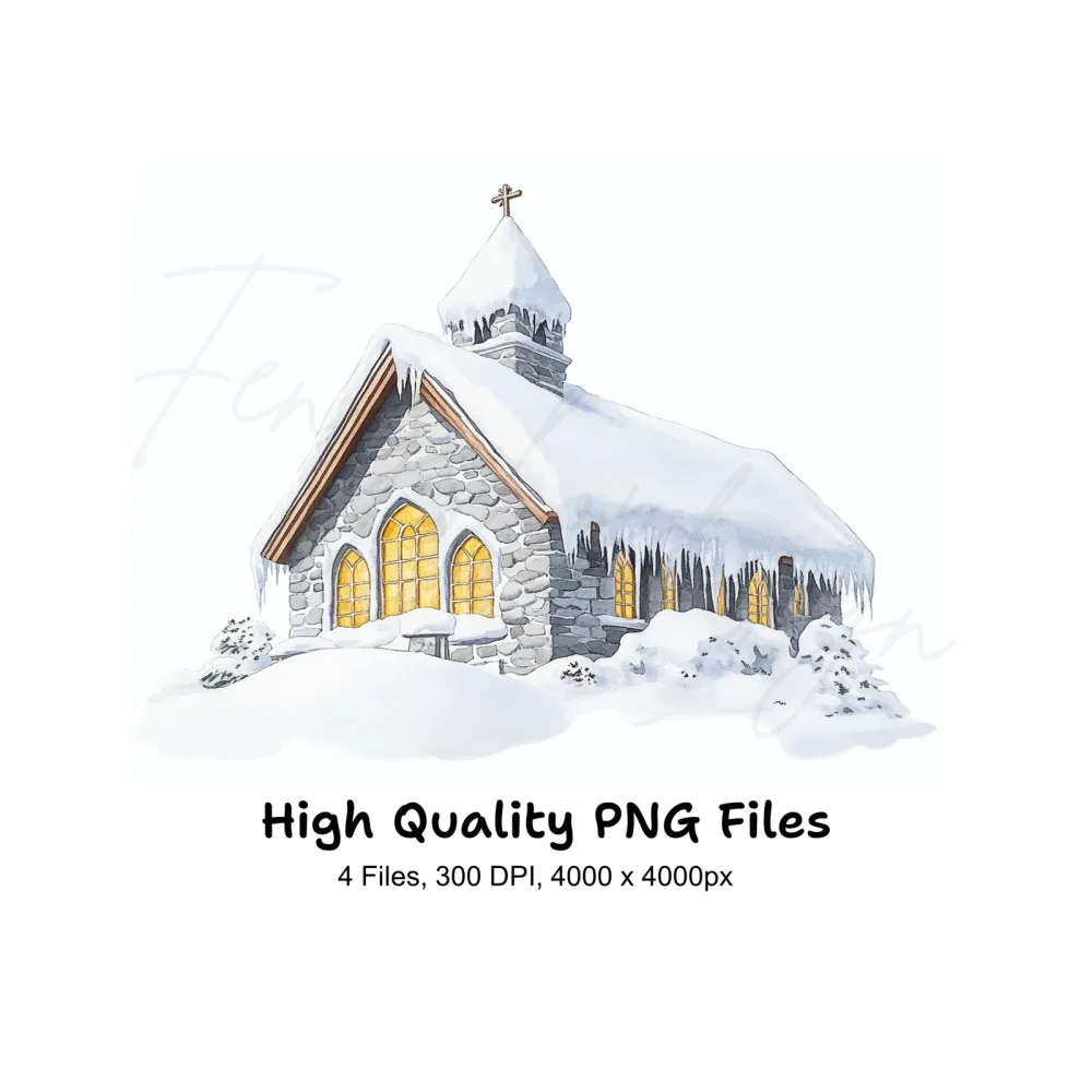 Snow Covered Stone Churches Clipart Bundle