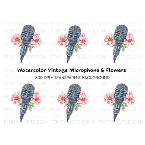Vintage Microphone with Pink Flowers Clipart Bundle