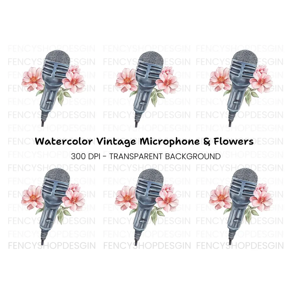 Vintage Microphone with Pink Flowers Clipart Bundle