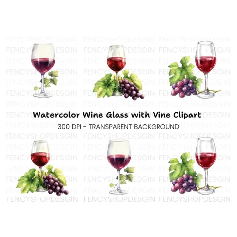 Red Wine Glasses with Grapes Clipart Bundle