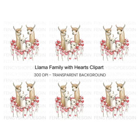 Llama Family with Hearts Clipart Bundle