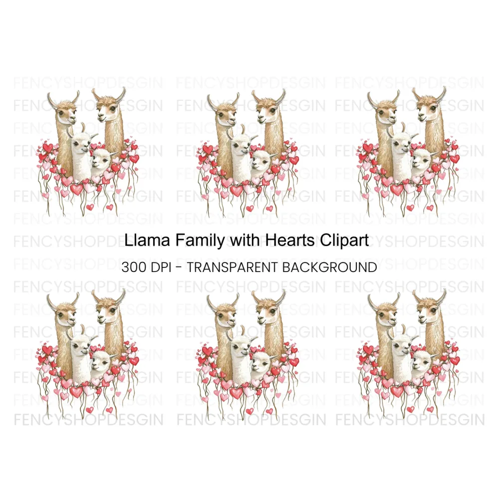 Llama Family with Hearts Clipart Bundle