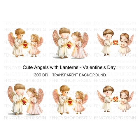 Cute Angel with Heart Lanterns Clipart Bundle