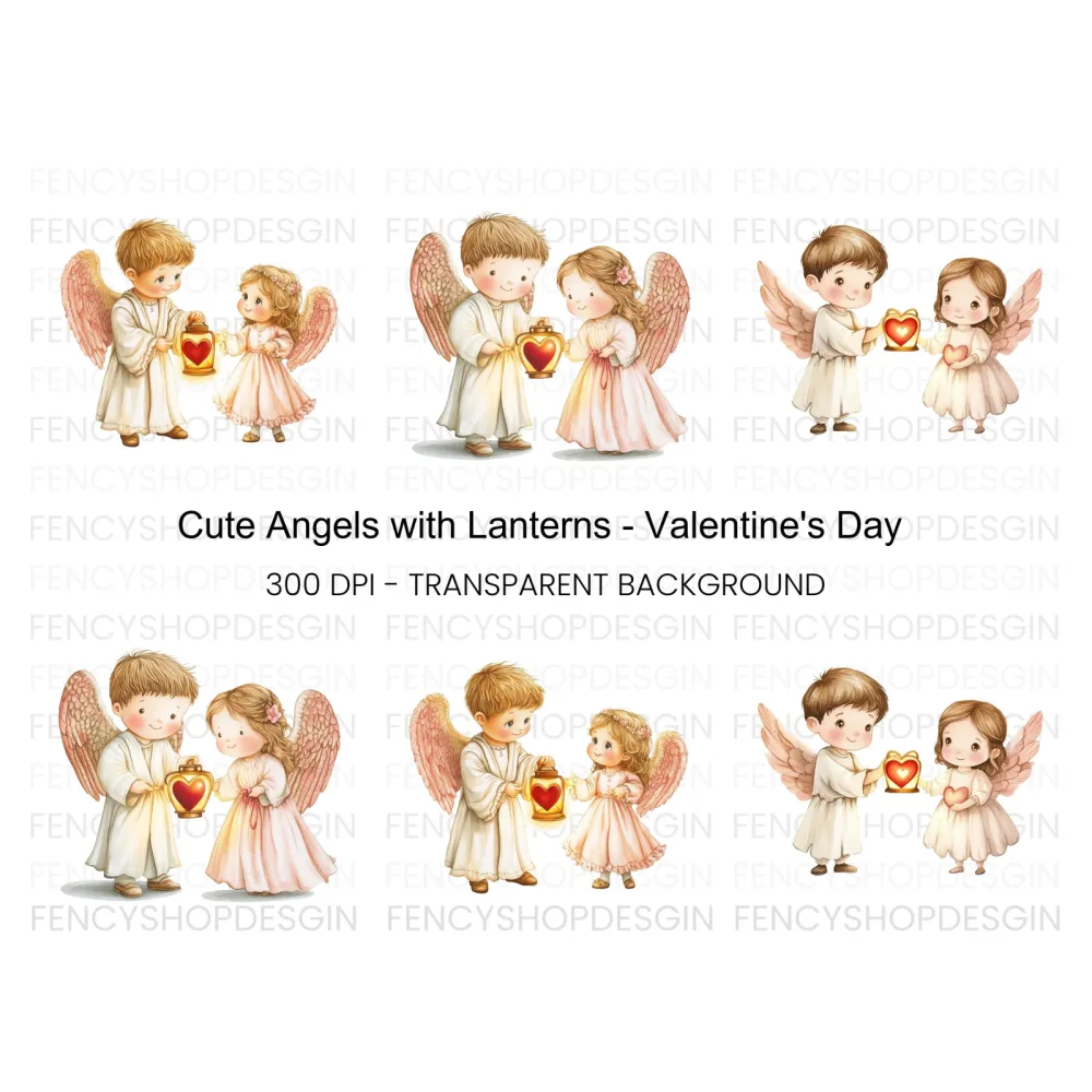 Cute Angel with Heart Lanterns Clipart Bundle