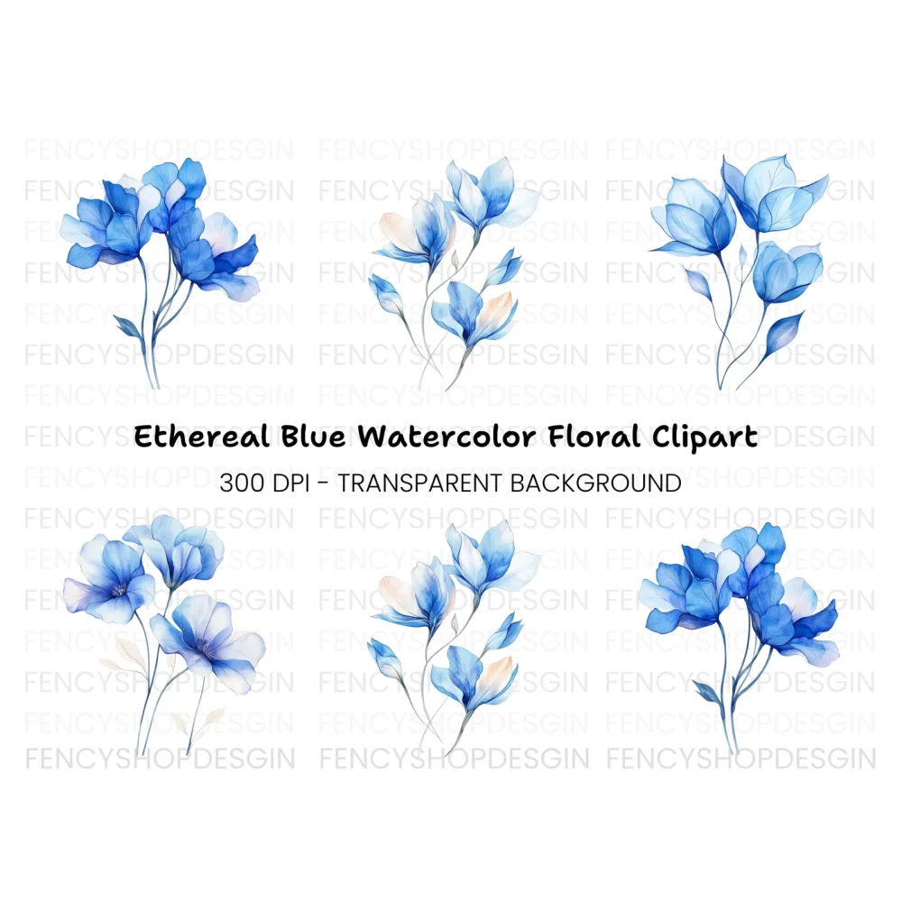 Elegant Blue Flowers Clipart Bundle