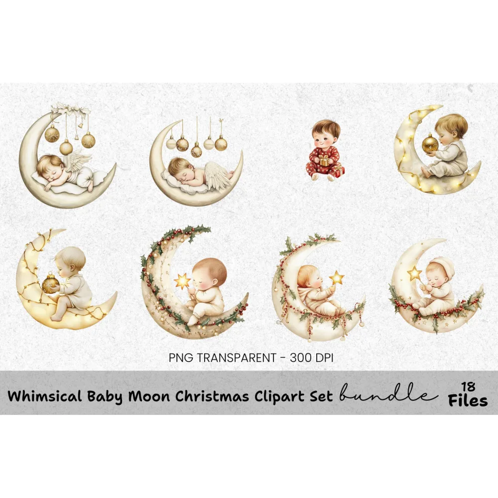 Baby on Moon Christmas Clipart Bundle