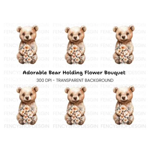 Sweet Baby Bear Holding Flowers Clipart Bundle