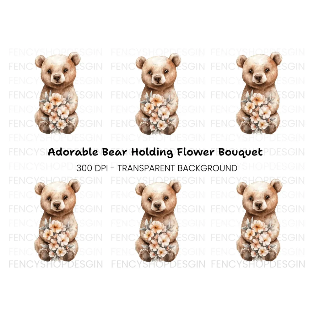 Sweet Baby Bear Holding Flowers Clipart Bundle