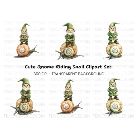 Green Hat Gnomes Riding Snails Clipart Bundle
