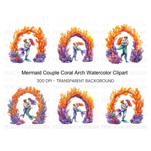 Mermaid Couple Coral Arch Clipart Bundle