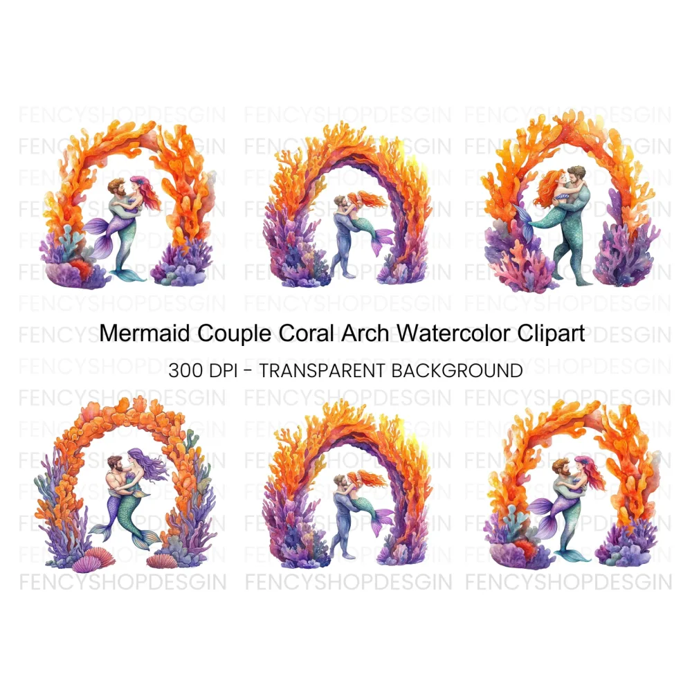 Mermaid Couple Coral Arch Clipart Bundle