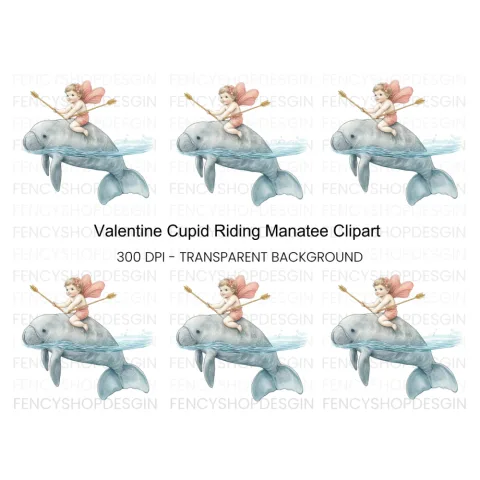 Cupid Riding Manatee Clipart Bundle