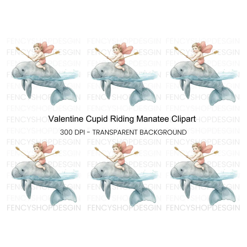 Cupid Riding Manatee Clipart Bundle