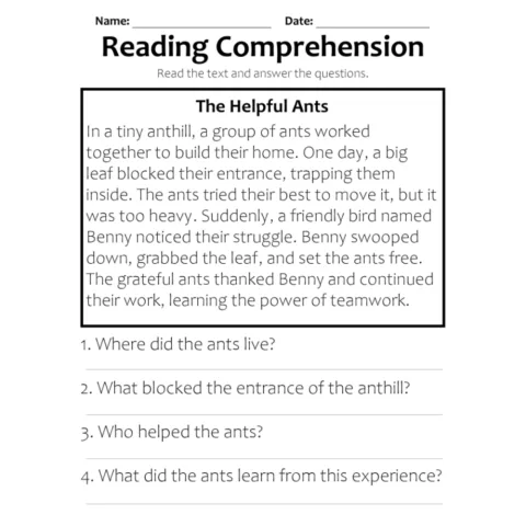The Helpful Ants Reading Comprehension Worksheet