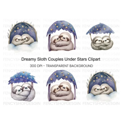 Dreamy Sloth Couple Clipart Bundle