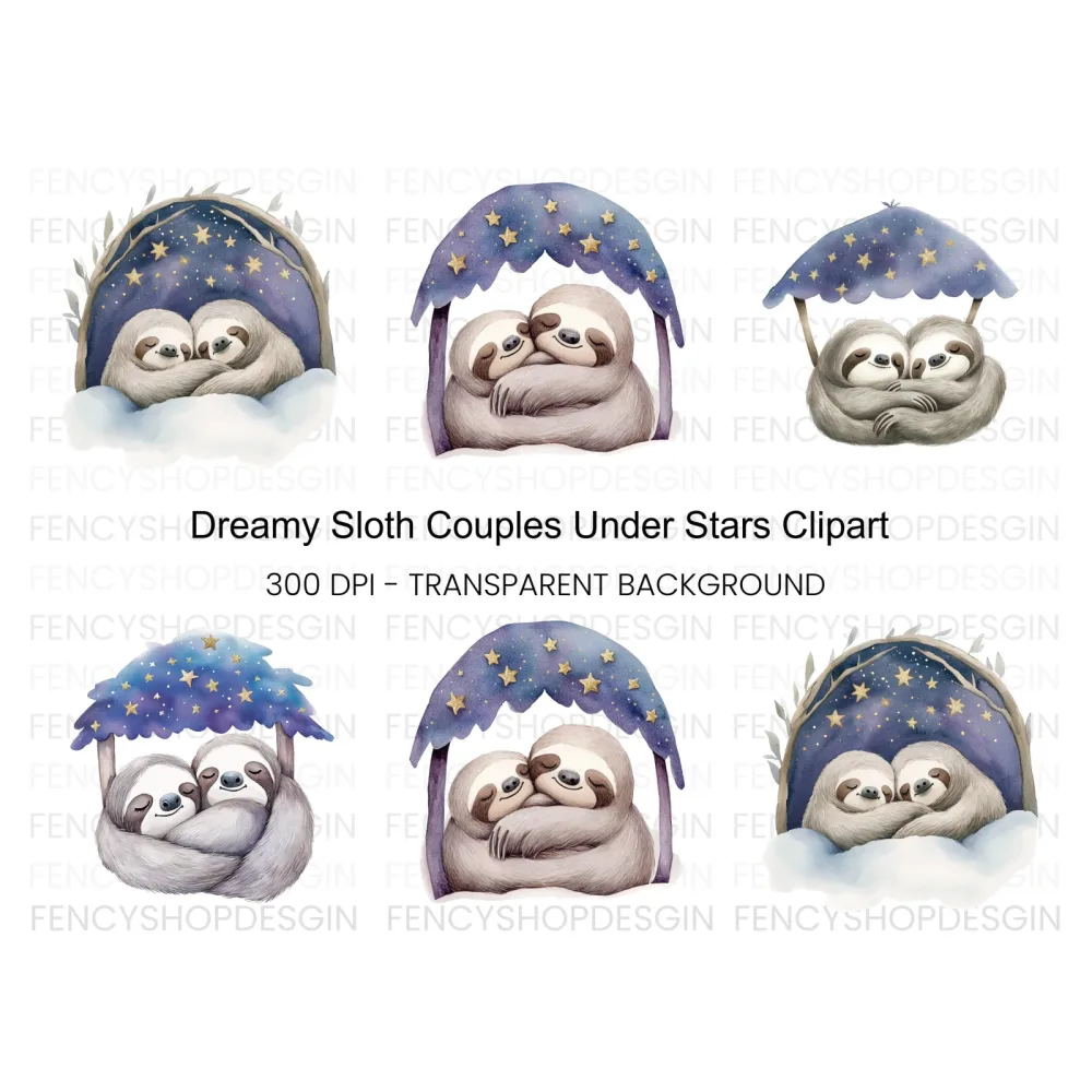 Dreamy Sloth Couple Clipart Bundle