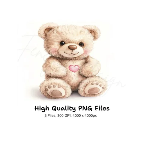 Cute Teddy Bear with Pink Heart Clipart Bundle