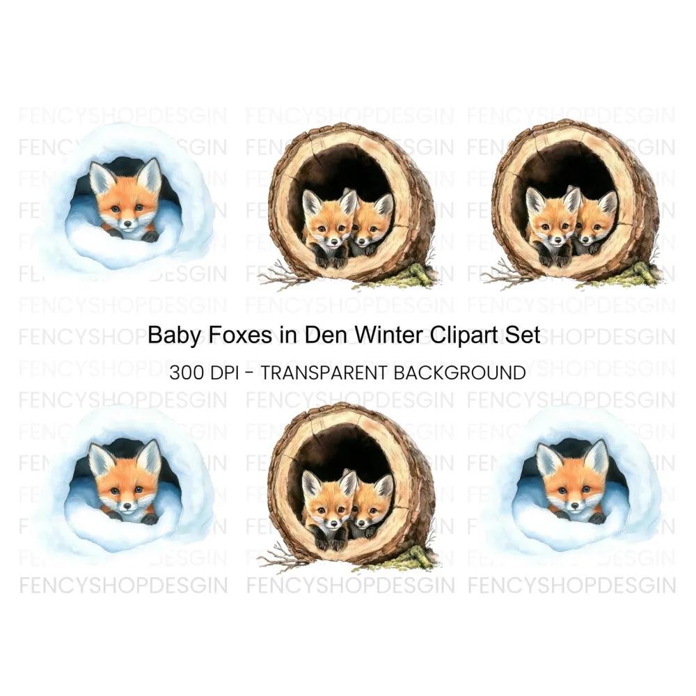 Baby Foxes in Log and Snow Clipart Bundle