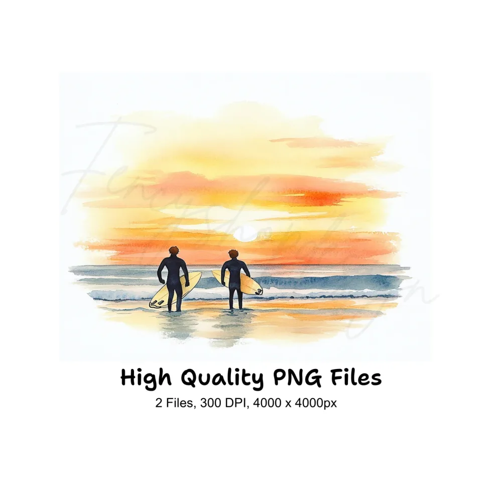 Couple Surfers Sunset Beach Clipart Bundle
