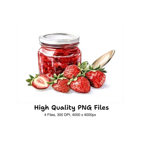 Strawberry Jam Jars with Fresh Strawberries Clipart Bundle