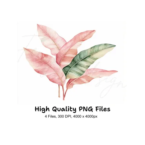 Pink and Green Tropical Leaf Clipart Bundle