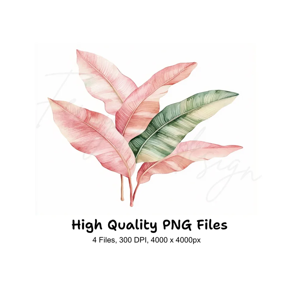 Pink and Green Tropical Leaf Clipart Bundle