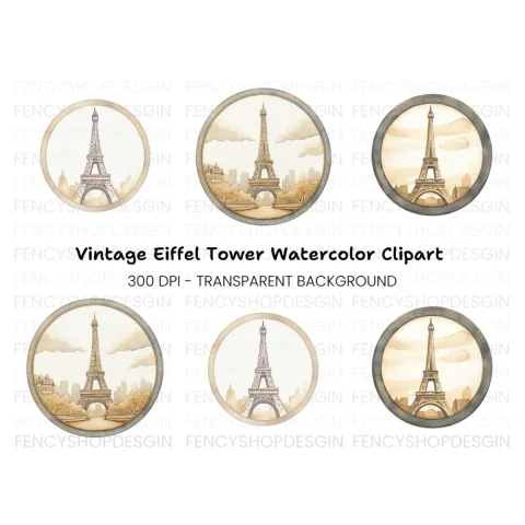 Vintage Eiffel Tower Circle Clipart Bundle