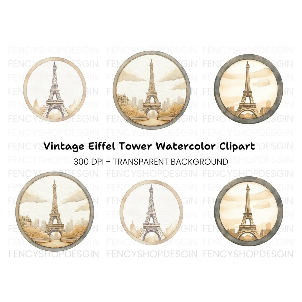 Vintage Eiffel Tower Circle Clipart Bundle