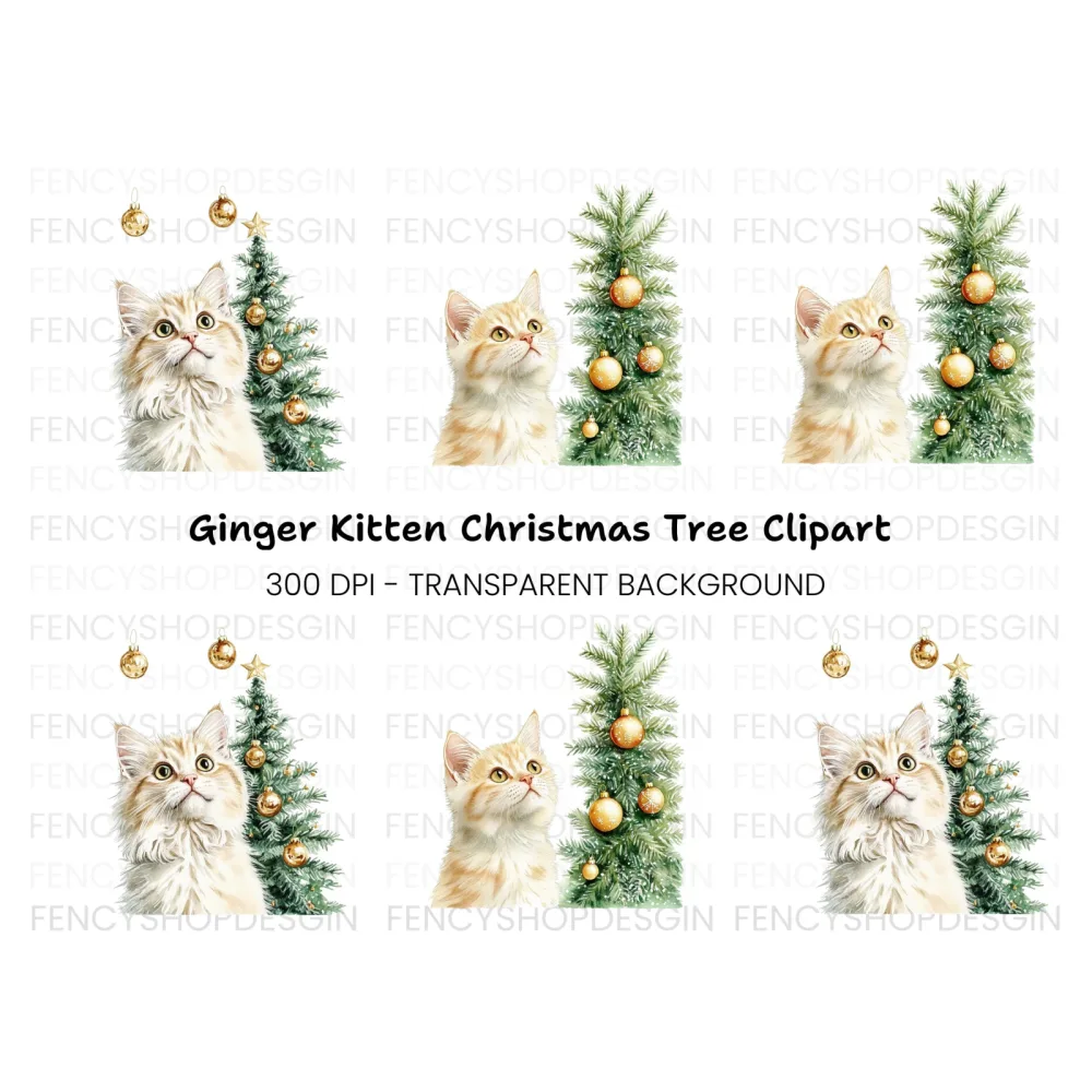 Christmas Cats with Festive Trees Clipart Bundle