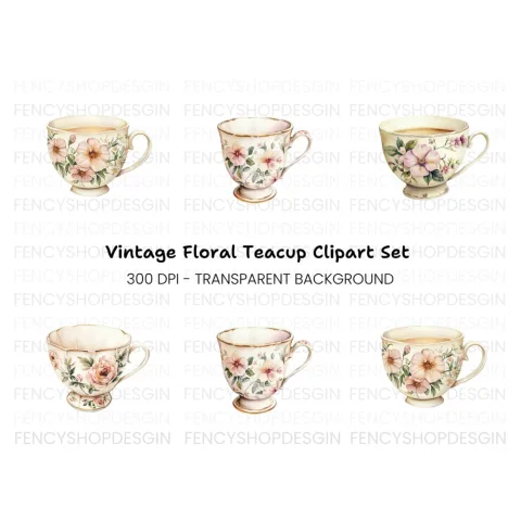 Elegant Floral Teacups Clipart Bundle